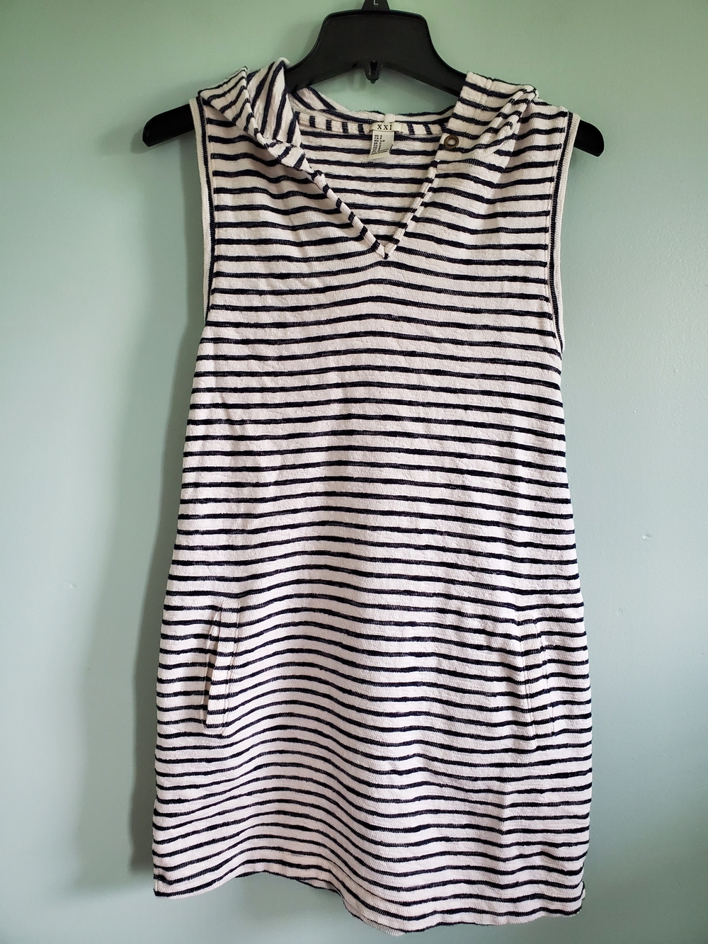 Forever 21 White and Black Striped Sleeveless Hooded Mini Dress